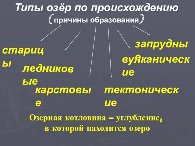 Типы озёр по происхождению (причины образования) старицы ледниковые тектонические вулканические