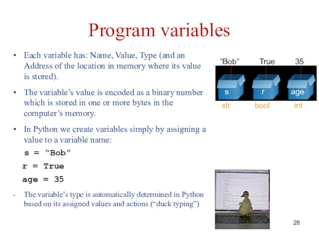 Program variables Each variable has: Name, Value, Type (and an Address of the