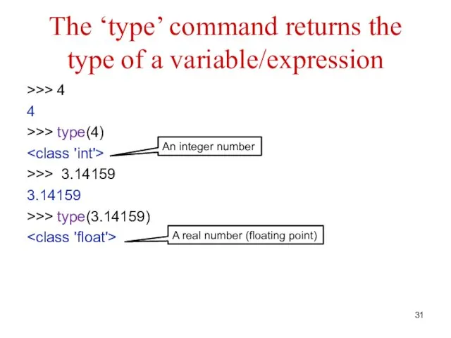 The ‘type’ command returns the type of a variable/expression >>> 4 4 >>>