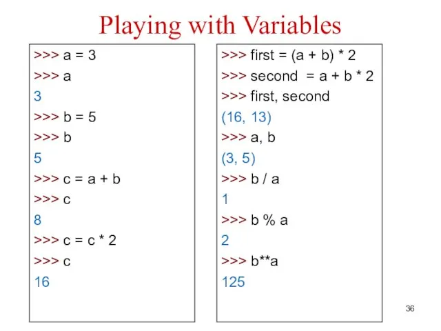 Playing with Variables >>> a = 3 >>> a 3 >>> b =