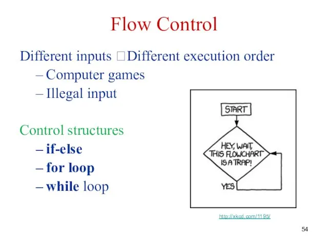 Flow Control Different inputs ?Different execution order Computer games Illegal input Control structures