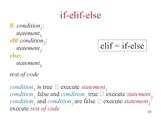 if-elif-else if condition1: statement1 elif condition2: statement2 else: statement3 rest of code condition1