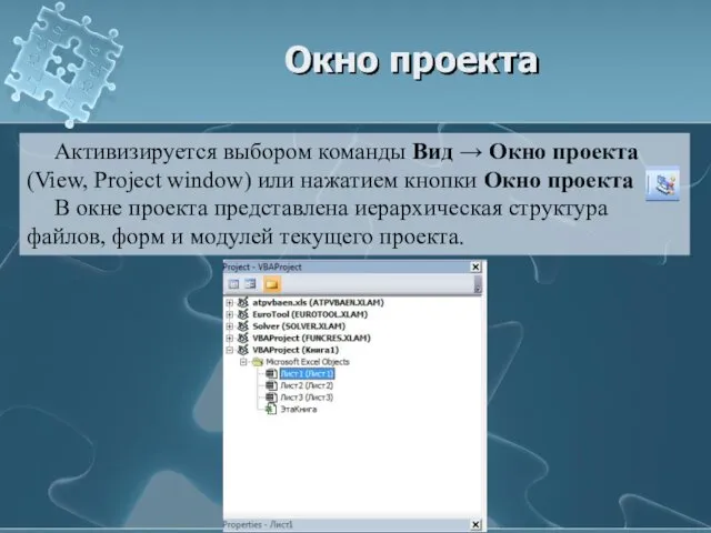 Окно проекта Активизируется выбором команды Вид → Окно проекта (View,