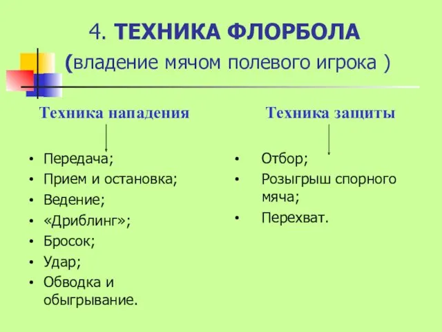 4. ТЕХНИКА ФЛОРБОЛА (владение мячом полевого игрока ) Техника нападения