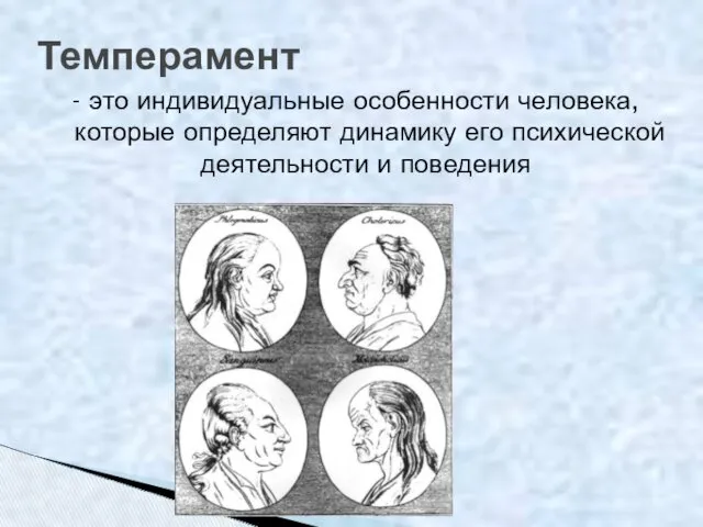 - это индивидуальные особенности человека, которые определяют динамику его психической деятельности и поведения Темперамент