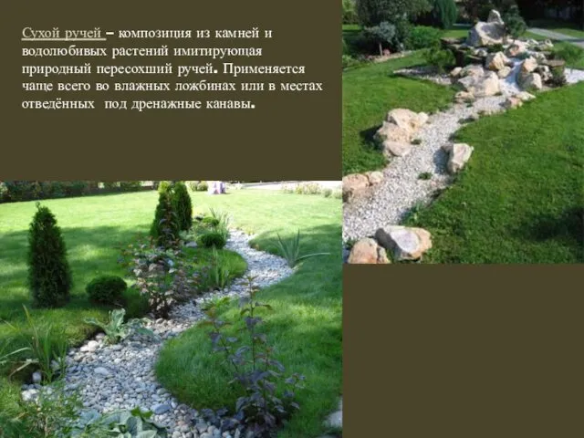 Сухой ручей – композиция из камней и водолюбивых растений имитирующая