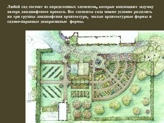 Любой сад состоит из определенных элементов, которые воплощают задумку автора