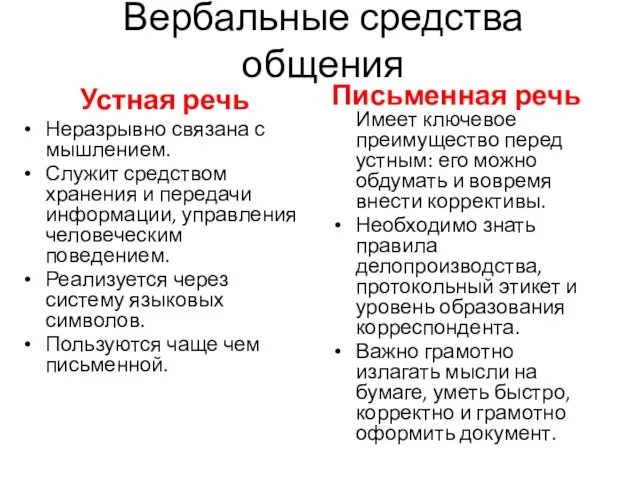 Вербальные средства общения Устная речь Неразрывно связана с мышлением. Служит