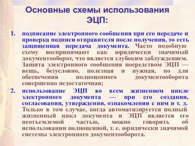 Основные схемы использования ЭЦП: подписание электронного сообщения при его передаче