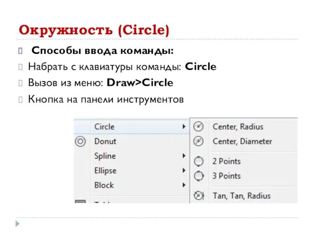 Окружность (Circle) Способы ввода команды: Набрать с клавиатуры команды: Circle