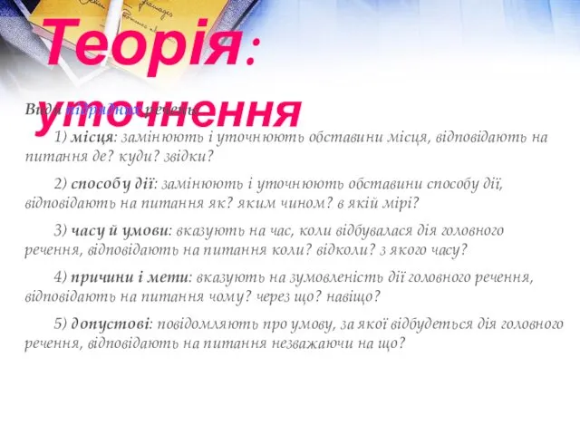 Теорія: уточнення Види підрядних речень: 1) місця: замінюють і уточнюють