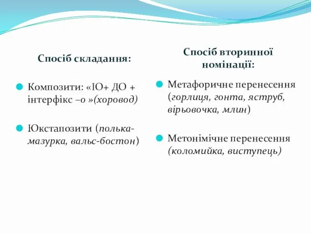 Спосіб складання: Спосіб вторинної номінації: Композити: «ІО+ ДО + інтерфікс