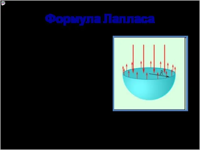 Формула Лапласа Сили поверхневого натягу створюють додатковий тиск під поверхнею (тиск Лапласа). R – радіус краплі