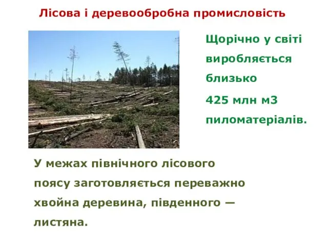 Лісова і деревообробна промисловість Щорічно у світі виробляється близько 425