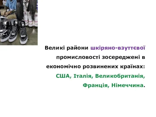 Великі райони шкіряно-взуттєвої промисловості зосереджені в економічно розвинених країнах: США, Італія, Великобританія, Франція, Німеччина.