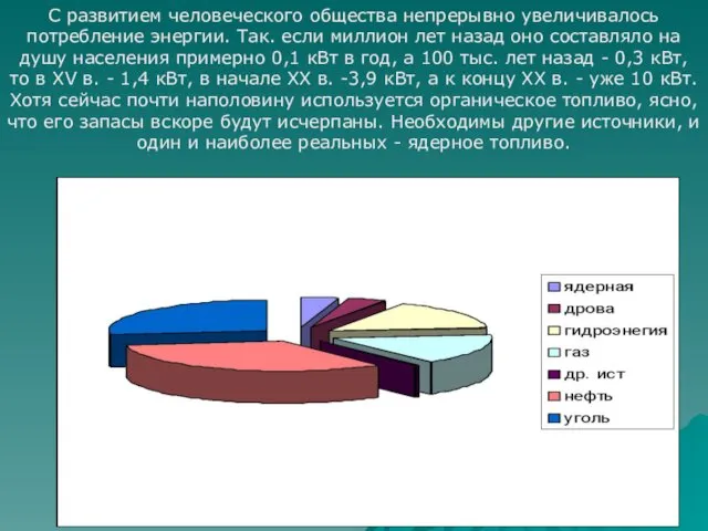 С развитием человеческого общества непрерывно увеличивалось потребление энергии. Так. если