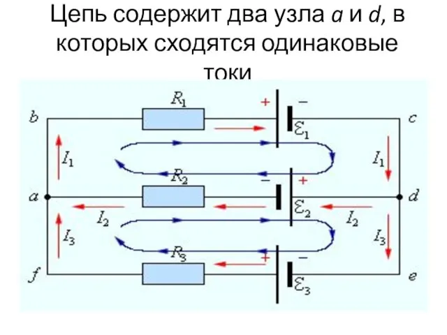 Цепь содержит два узла a и d, в которых сходятся одинаковые токи