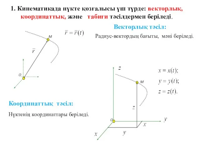 1. Кинематикада нүкте қозғалысы үш түрде: векторлық, координаттық, және табиғи