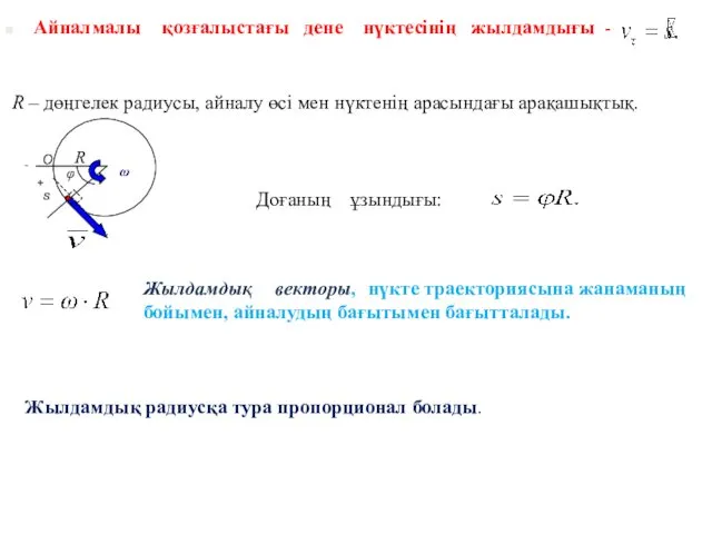 Айналмалы қозғалыстағы дене нүктесінің жылдамдығы - R – дөңгелек радиусы,