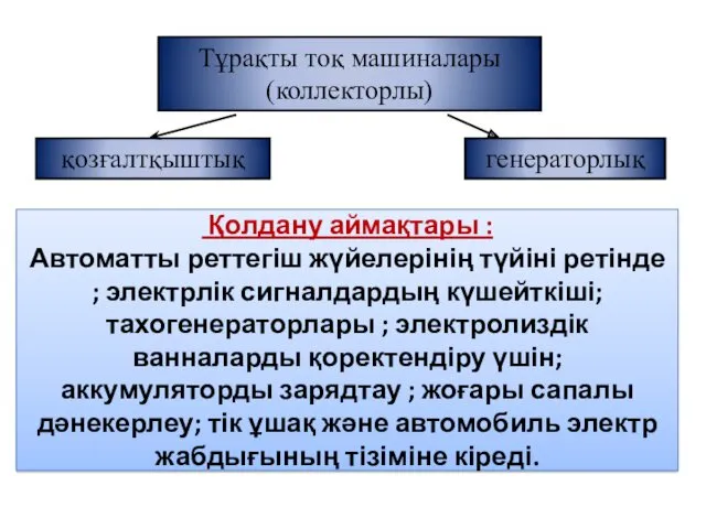 Тұрақты тоқ машиналары (коллекторлы) Қолдану аймақтары : Автоматты реттегіш жүйелерінің