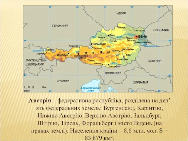 Австрія – федеративна республіка, розділена на дев’ять федеральних земель: Бургенланд,