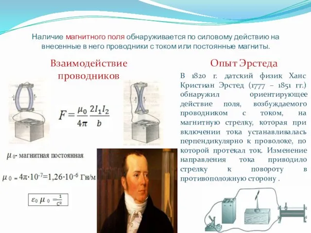 Наличие магнитного поля обнаруживается по силовому действию на внесенные в