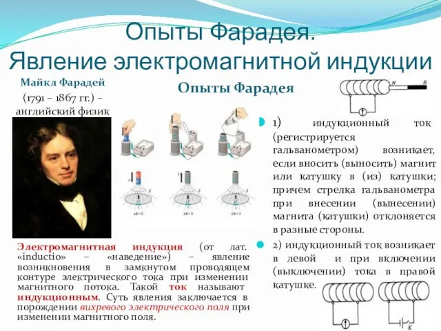 Опыты Фарадея. Явление электромагнитной индукции Майкл Фарадей (1791 – 1867