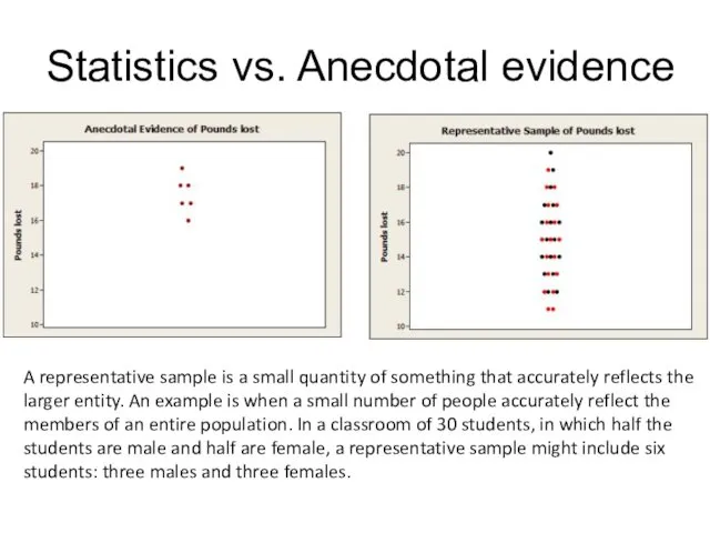 Statistics vs. Anecdotal evidence A representative sample is a small