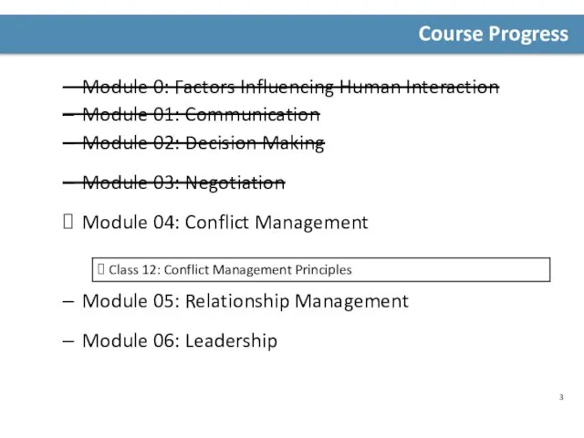 Course Progress Module 0: Factors Influencing Human Interaction Module 01: Communication Module 02: