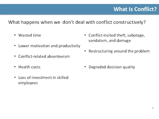 What Is Conflict? What happens when we don’t deal with conflict constructively? Wasted