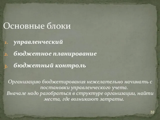 управленческий бюджетное планирование бюджетный контроль Организацию бюджетирования нежелательно начинать с