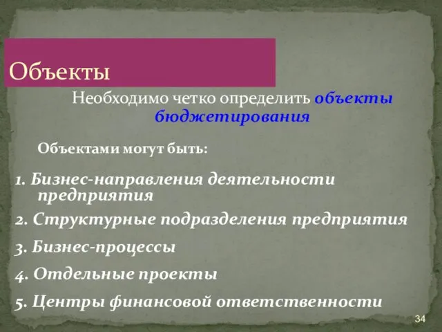 Необходимо четко определить объекты бюджетирования Объектами могут быть: 1. Бизнес-направления