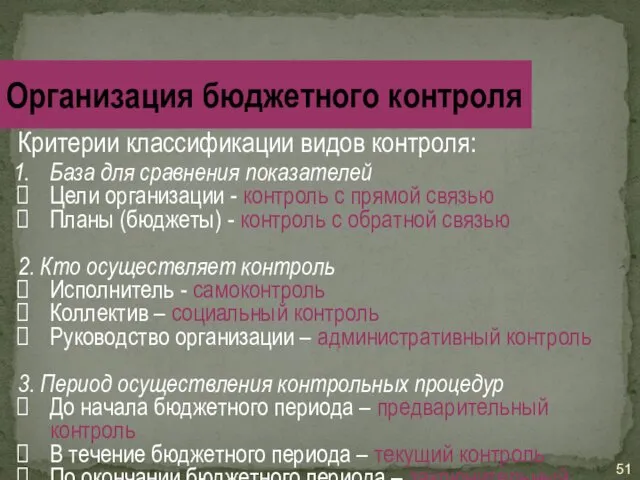 Критерии классификации видов контроля: База для сравнения показателей Цели организации