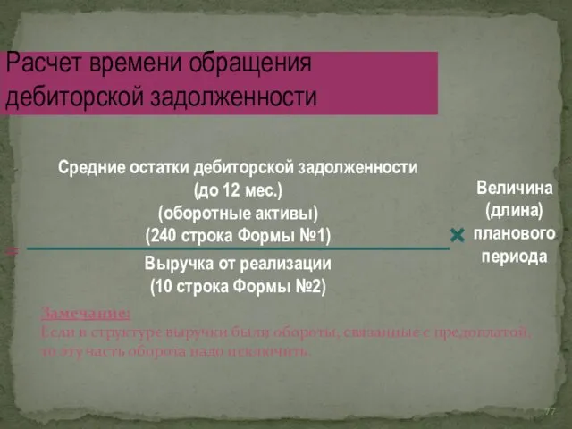 Величина (длина) планового периода Расчет времени обращения дебиторской задолженности Замечание: