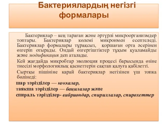 Бактериялар – кең тараған және әртүрлі микроорганизмдер топтары. Бактериялар көлемі