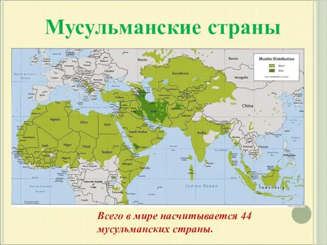 Мусульманские страны Всего в мире насчитывается 44 мусульманских страны.