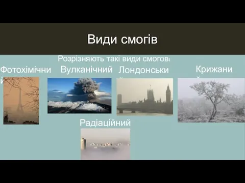 Види смогів Розрізняють такі види смогов: Фотохімічний Лондонський Крижаний Вулканічний Радіаційний