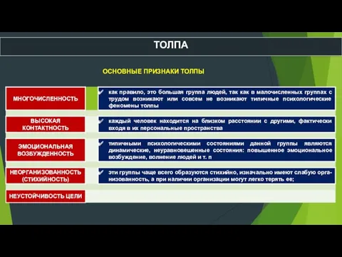 ТОЛПА ОСНОВНЫЕ ПРИЗНАКИ ТОЛПЫ