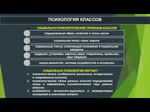 ПСИХОЛОГИЯ КЛАССОВ СОЦИАЛЬНО-ПСИХОЛОГИЧЕСКИЕ ПРИЗНАКИ КЛАССОВ СОЦИАЛЬНАЯ ПСИХОЛОГИЯ ИЗУЧАЕТ: психологические особенности