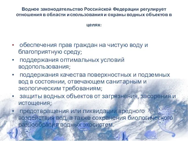 Водное законодательство Российской Федерации регулирует отношения в области использования и охраны водных объектов
