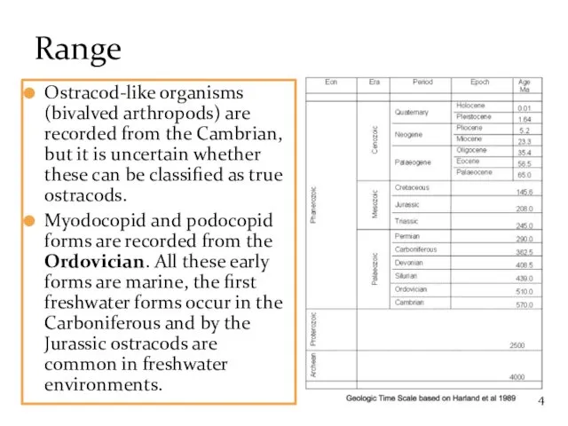 Ostracod-like organisms (bivalved arthropods) are recorded from the Cambrian, but it is uncertain