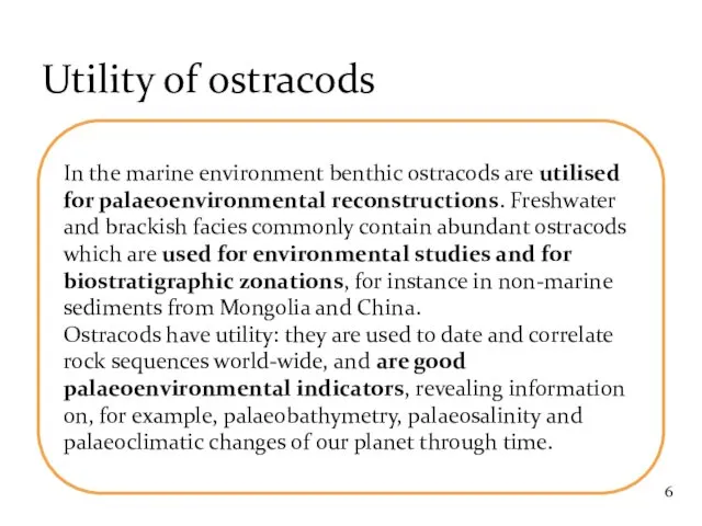 Utility of ostracods In the marine environment benthic ostracods are utilised for palaeoenvironmental