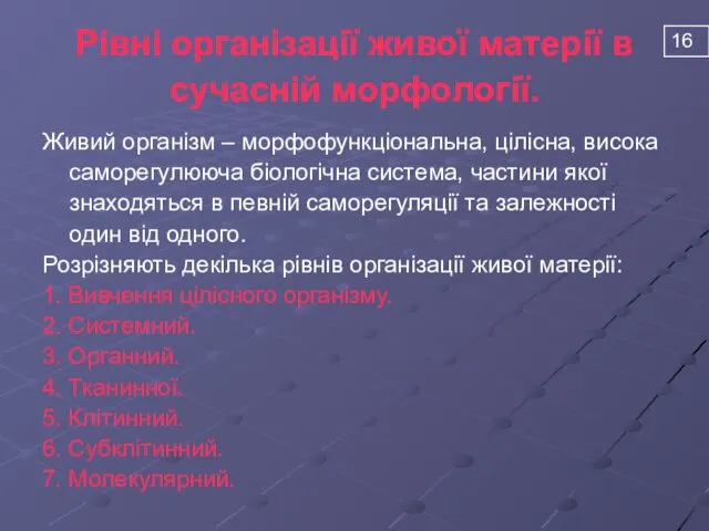 Рівні організації живої матерії в сучасній морфології. Живий організм –