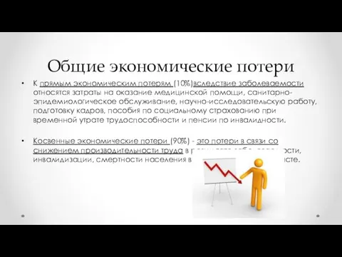 Общие экономические потери К прямым экономическим потерям (10%)вследствие заболеваемости относятся