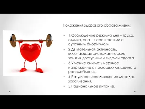 Положения здорового образа жизни: 1.Соблюдение режима дня – труда, отдыха,