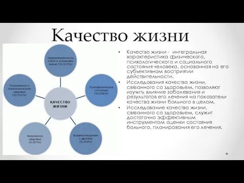 Качество жизни Качество жизни - интегральная характеристика физического, психологического и