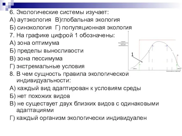 6. Экологические системы изучает: А) аутэкология В)глобальная экология Б) синэкология