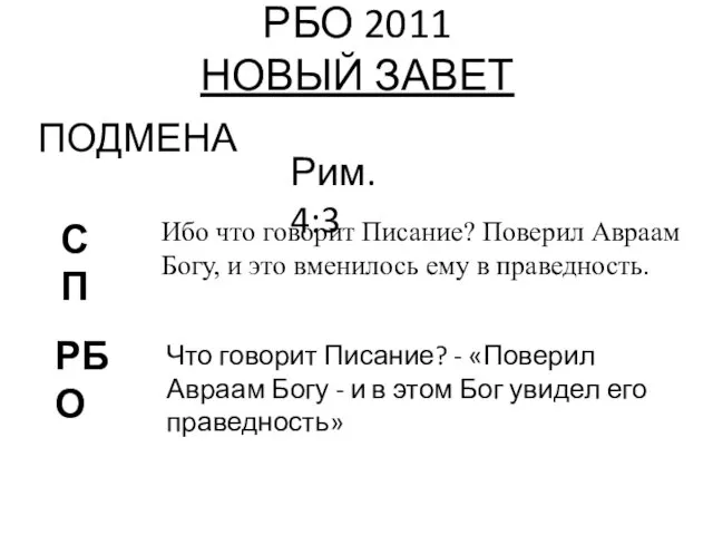 РБО 2011 НОВЫЙ ЗАВЕТ ПОДМЕНА Ибо что говорит Писание? Поверил