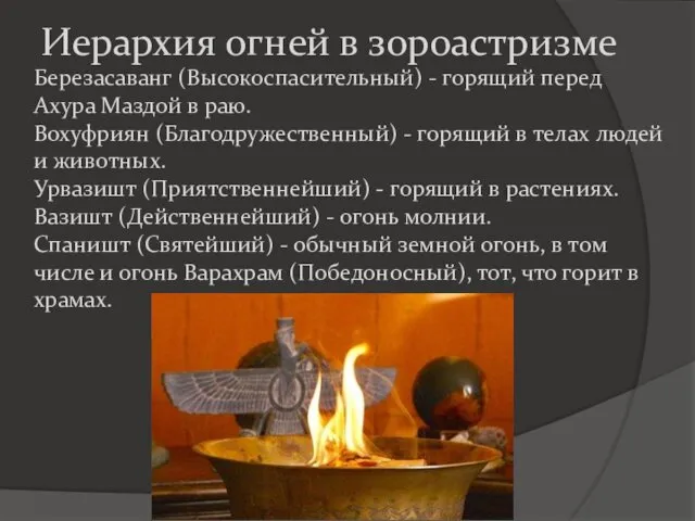 Иерархия огней в зороастризме Березасаванг (Высокоспасительный) - горящий перед Ахура