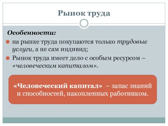 Рынок труда Особенности: на рынке труда покупаются только трудовые услуги,